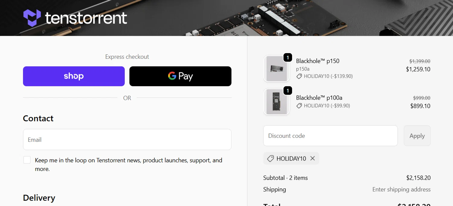 Tenstorrent promo code screenshot showing code HOLIDAY10 applied at Tenstorrent checkout page. Uploaded by SimplyCodes community member ESTHER3121 on Dec 12, 2025