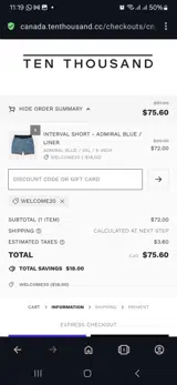 Welcome20 coupon verification screenshot