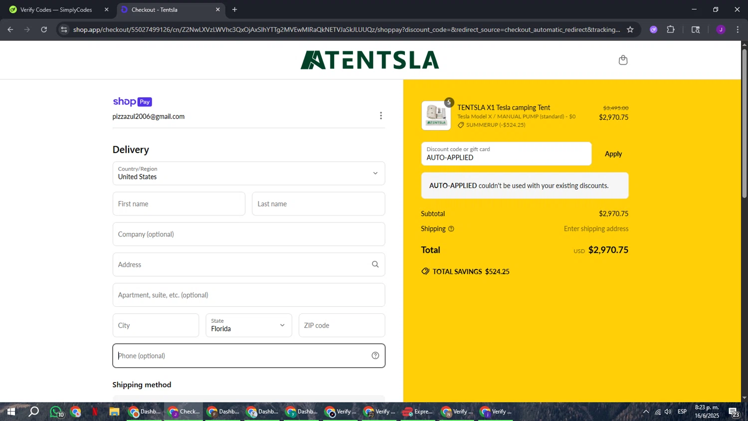 Tentsla promo code screenshot showing code AUTO-APPLIED applied at Tentsla checkout page. Uploaded by SimplyCodes community member ComeBurra123 on Jun 17, 2025