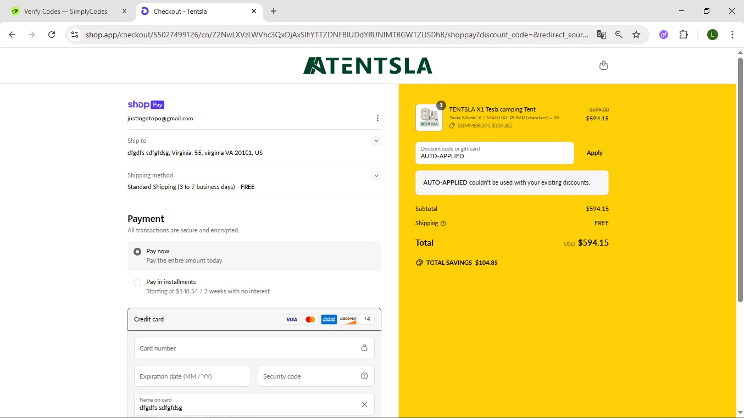 Tentsla promo code screenshot showing code AUTO-APPLIED applied at Tentsla checkout page. Uploaded by SimplyCodes community member DUCATI on Jun 17, 2025