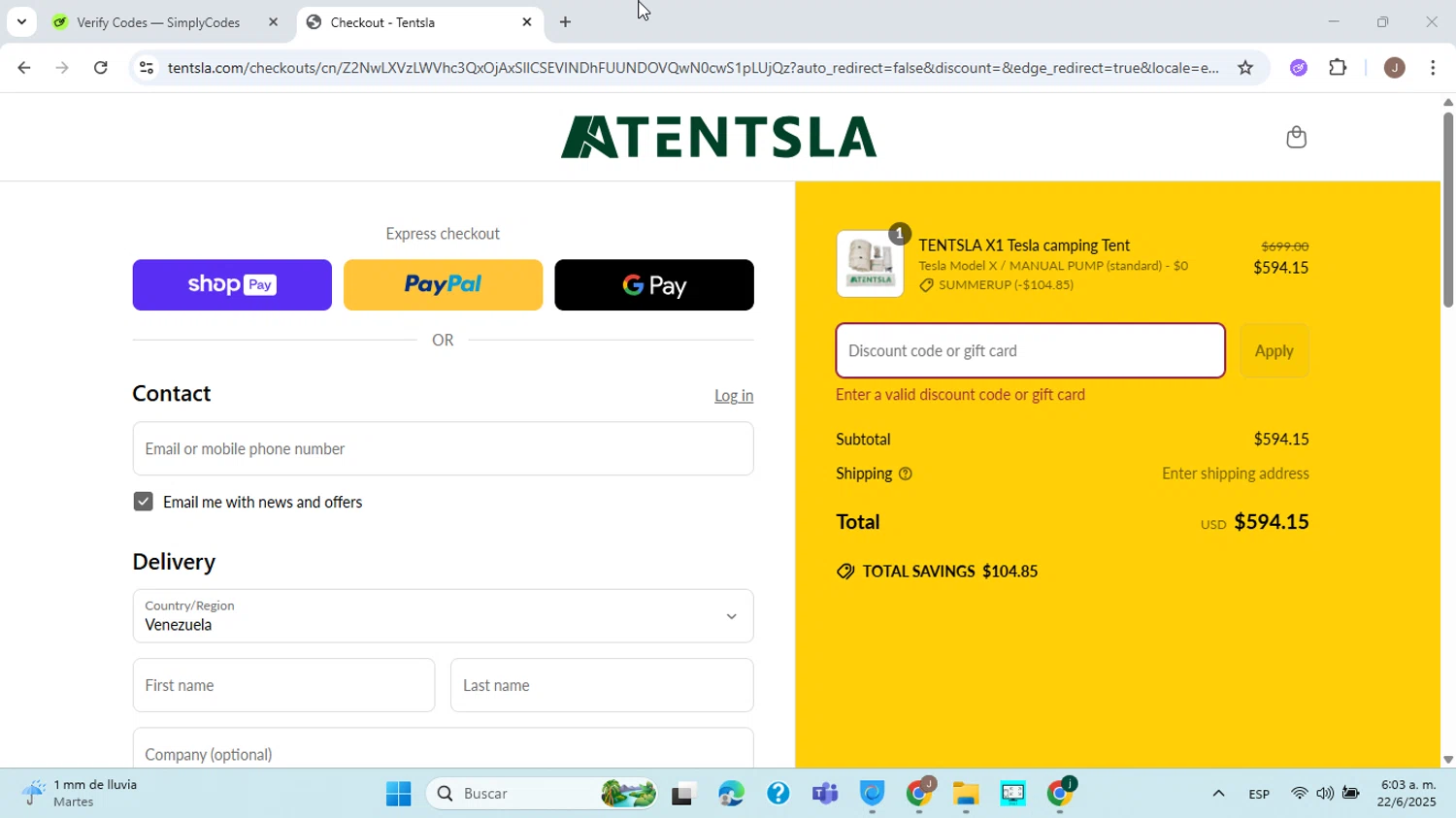 Tentsla promo code screenshot showing code AUTO-APPLIED applied at Tentsla checkout page. Uploaded by SimplyCodes community member jorgejavierherrera on Jun 22, 2025