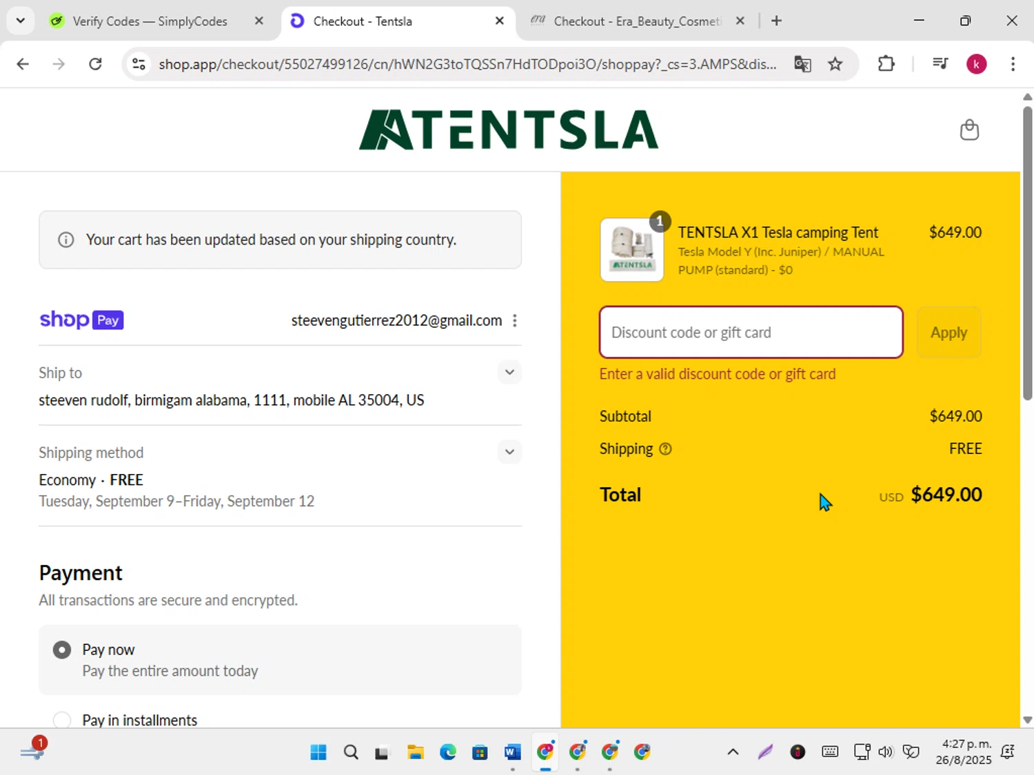 Tentsla promo code screenshot showing code SUMMERUP applied at Tentsla checkout page. Uploaded by SimplyCodes community member karoline on Aug 26, 2025