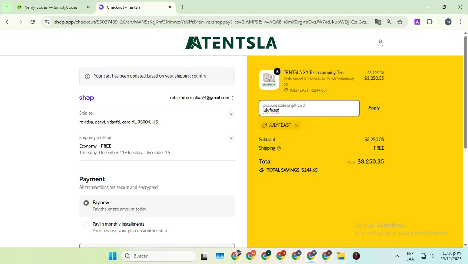 Tentsla promo code screenshot showing code julyfeast applied at Tentsla checkout page. Uploaded by SimplyCodes community member EpicCaptain5837 on Nov 30, 2025