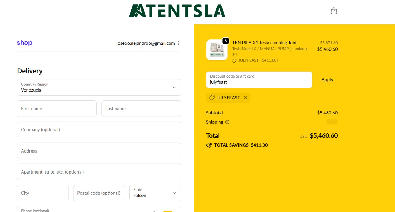Tentsla promo code screenshot showing code julyfeast applied at Tentsla checkout page. Uploaded by SimplyCodes community member Kmacho on Nov 25, 2025