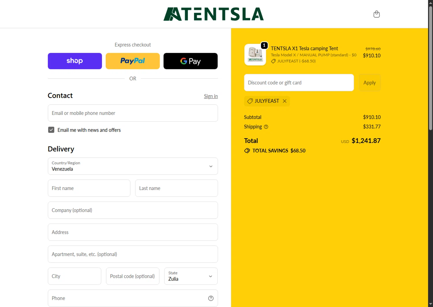 Tentsla promo code screenshot showing code julyfeast applied at Tentsla checkout page. Uploaded by SimplyCodes community member PennyScholar504 on Oct 15, 2025