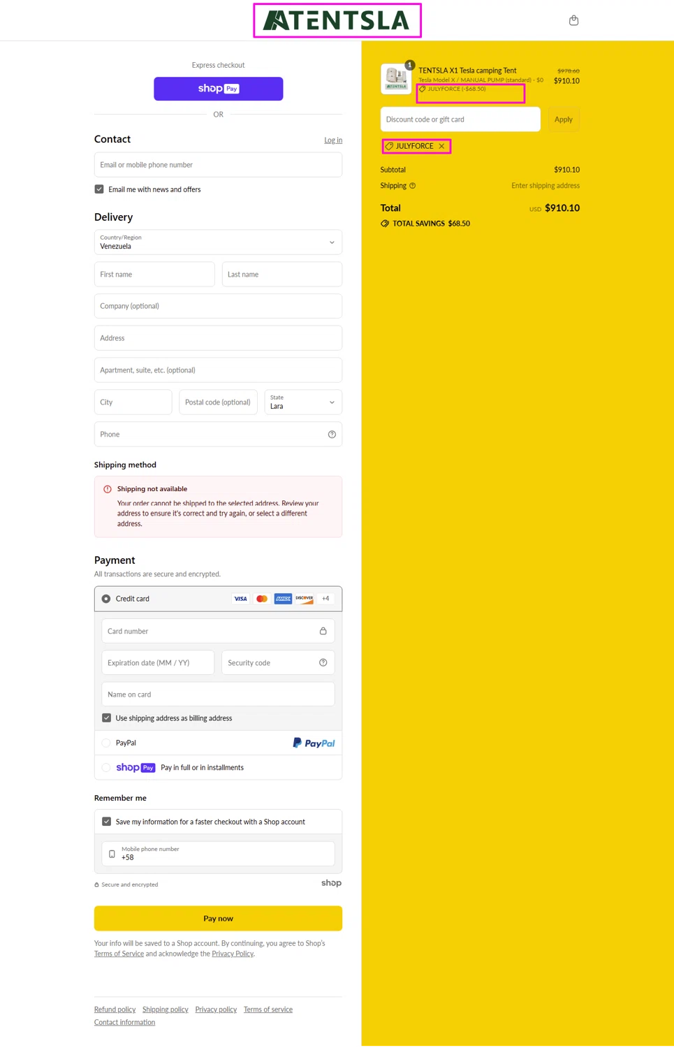 Tentsla promo code screenshot showing code JULYFORCE applied at Tentsla checkout page. Uploaded by SimplyCodes community member mrdarcy on Jul 7, 2025