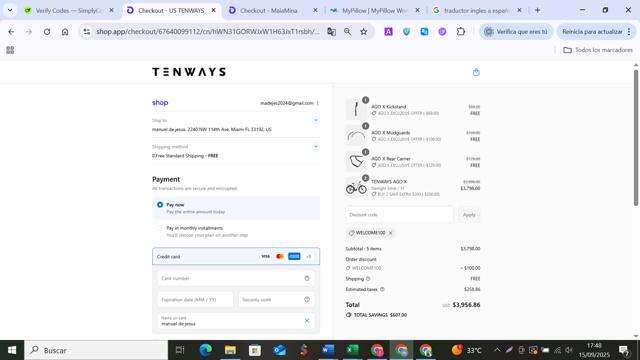 Tenways checkout page showing Tenways discount code box | Screenshot taken by SimplyCodes community member on Sep 15, 2025