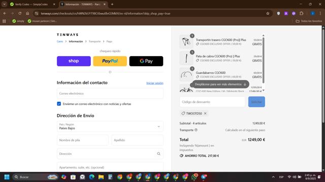 Tenways checkout page showing Tenways discount code box | Screenshot taken by SimplyCodes community member on Sep 8, 2025