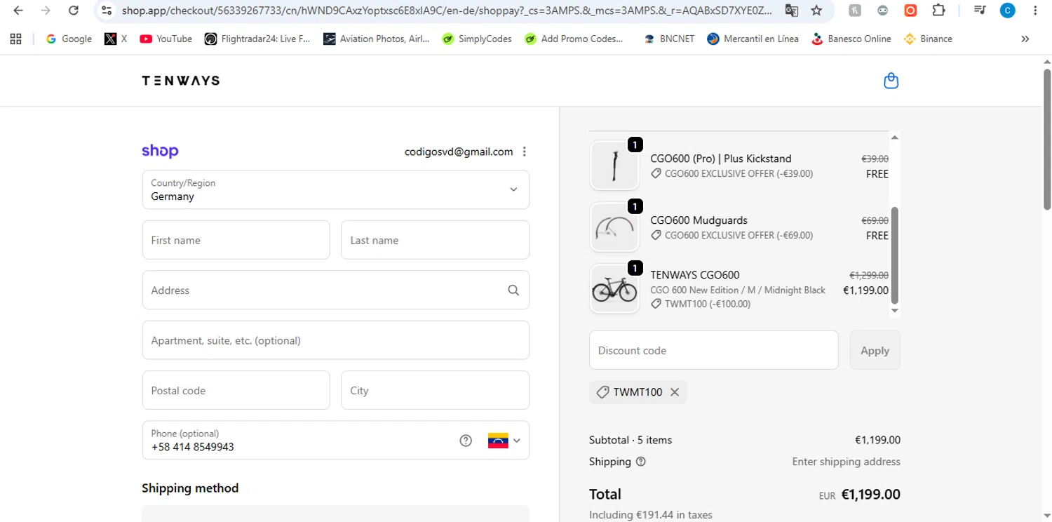 Tenways promo code screenshot showing code TWMT100 applied at Tenways checkout page. Uploaded by SimplyCodes community member victor on Jun 9, 2026