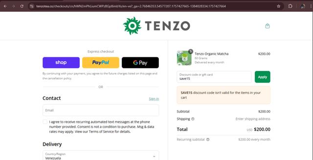Tenzo Tea checkout page showing Tenzo Tea discount code box | Screenshot taken by SimplyCodes community member on Sep 9, 2025