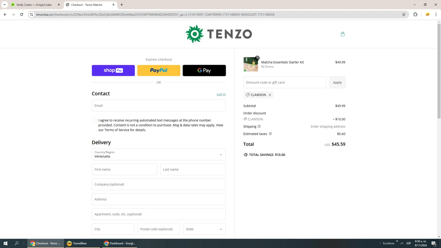 where to use Tenzo Tea promo code box