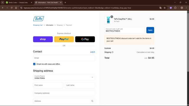 TePe USA checkout page showing TePe USA promo code box | Screenshot taken by SimplyCodes community member on Sep 8, 2025