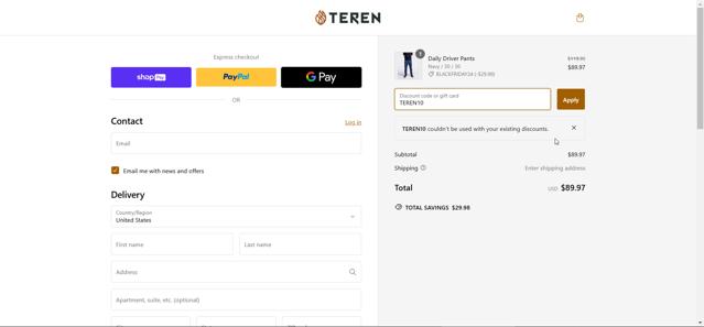 TEREN Designs checkout page showing TEREN Designs promo code box | Screenshot taken by SimplyCodes community member on Nov 26, 2024