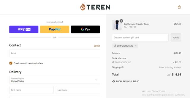 TEREN Designs checkout page showing TEREN Designs promo code box | Screenshot taken by SimplyCodes community member on Nov 7, 2024