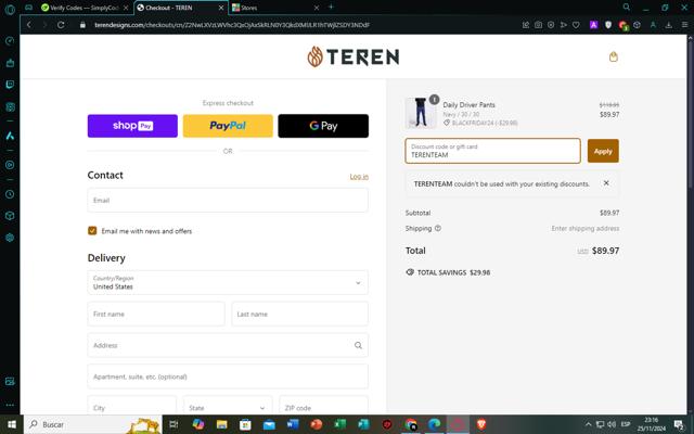 TEREN Designs checkout page showing TEREN Designs promo code box | Screenshot taken by SimplyCodes community member on Nov 26, 2024
