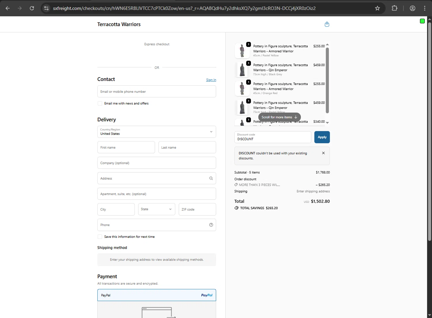 Terracotta Warriors promo code screenshot showing code DISCOUNT applied at Terracotta Warriors checkout page. Uploaded by SimplyCodes community member Aljondris97 on Dec 9, 2025