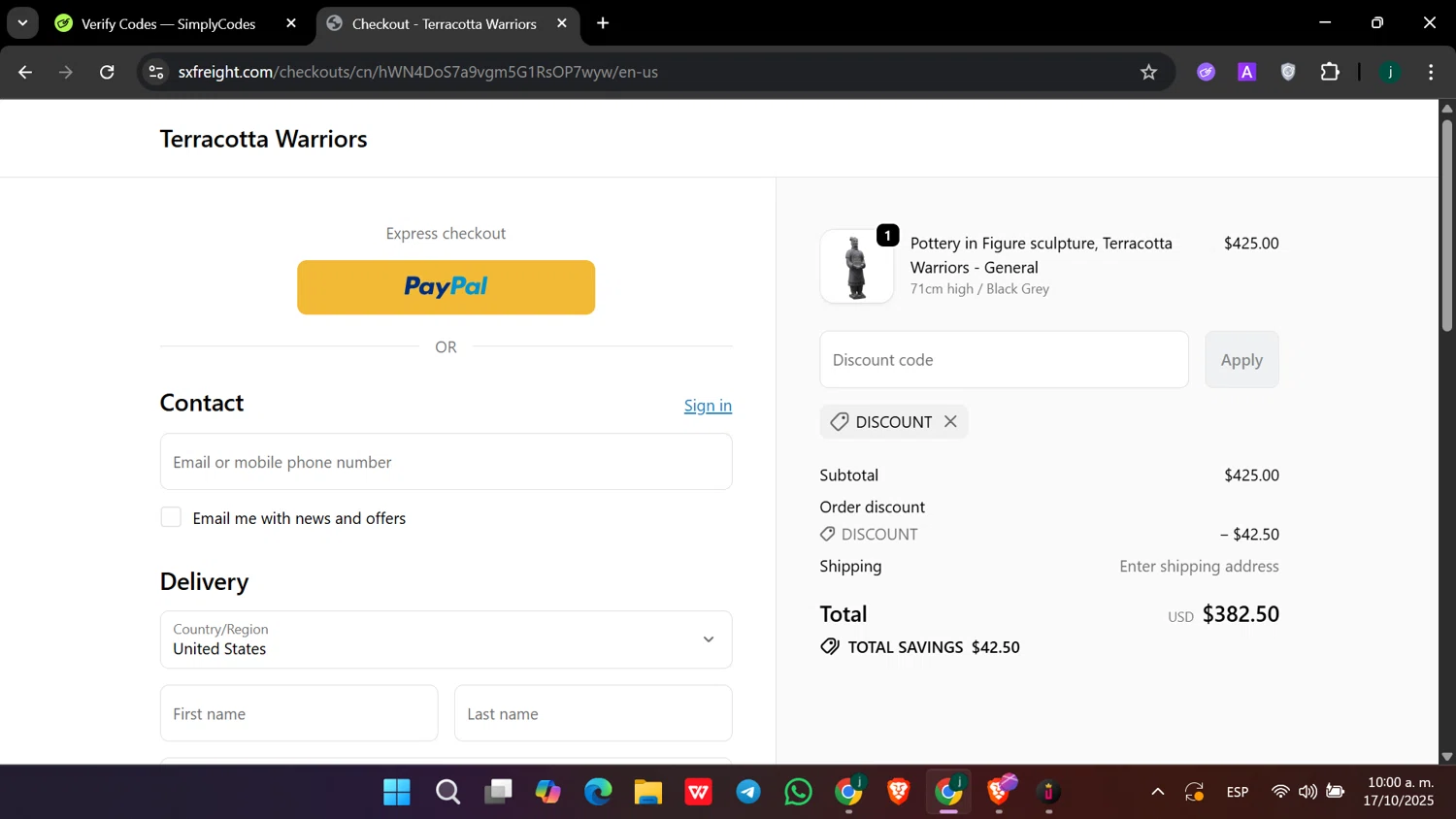 Terracotta Warriors promo code screenshot showing code DISCOUNT applied at Terracotta Warriors checkout page. Uploaded by SimplyCodes community member hanzell2 on Oct 17, 2025