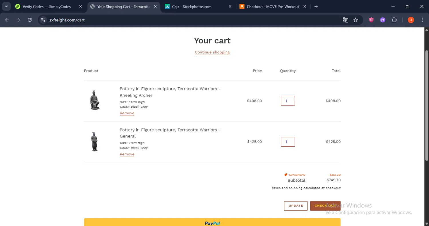 Terracotta Warriors promo code screenshot showing code SAVENOW applied at Terracotta Warriors checkout page. Uploaded by SimplyCodes community member SilverRanger658 on Oct 13, 2025