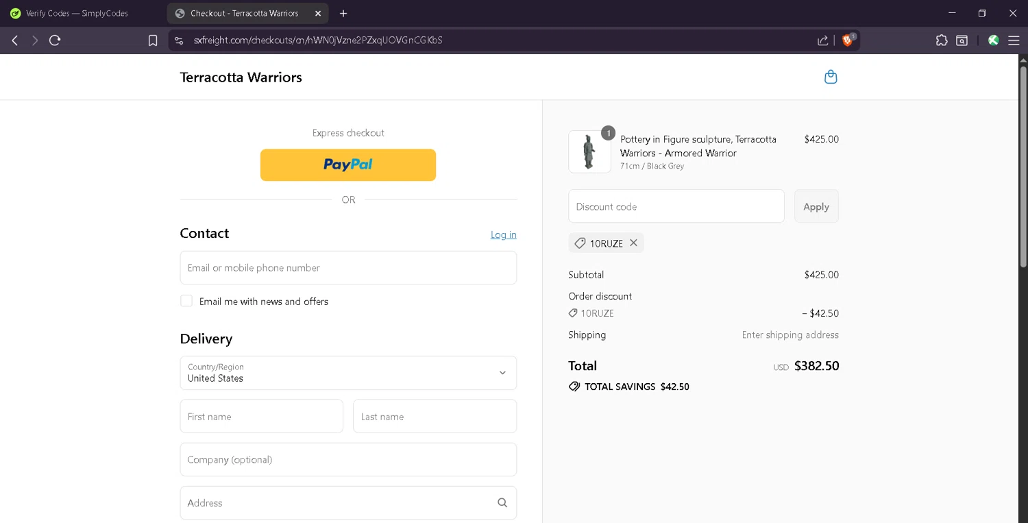 Terracotta Warriors promo code screenshot showing code 10RUZE applied at Terracotta Warriors checkout page. Uploaded by SimplyCodes community member Estefani4 on Jul 17, 2025
