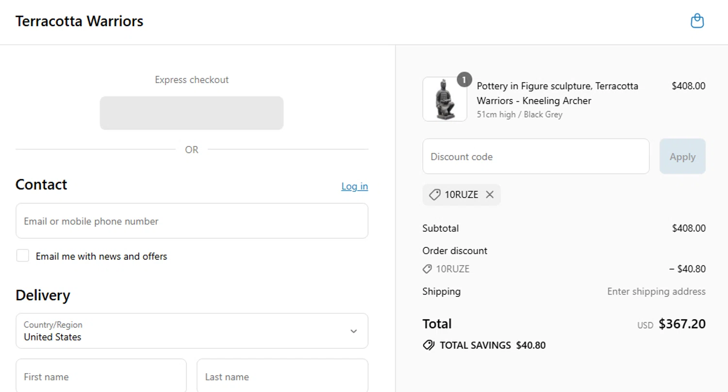 Terracotta Warriors promo code screenshot showing code 10RUZE applied at Terracotta Warriors checkout page. Uploaded by SimplyCodes community member couponcheck02 on Sep 2, 2025