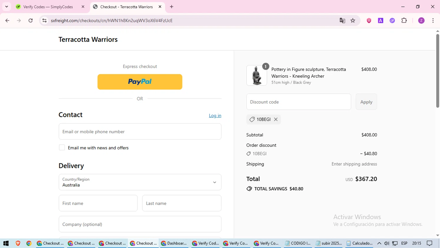 Terracotta Warriors promo code screenshot showing code 10BEGI applied at Terracotta Warriors checkout page. Uploaded by SimplyCodes community member ValiantFinder3275 on Aug 12, 2025