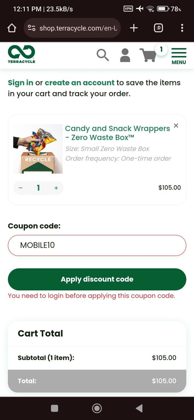 TerraCycle checkout page showing TerraCycle discount code box | Screenshot taken by SimplyCodes community member on Sep 25, 2025