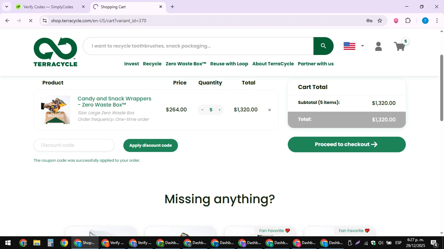 TerraCycle discount code screenshot showing code MOBILE10 applied at TerraCycle checkout page. Uploaded by SimplyCodes community member LuckyPioneer4530 on Dec 29, 2025