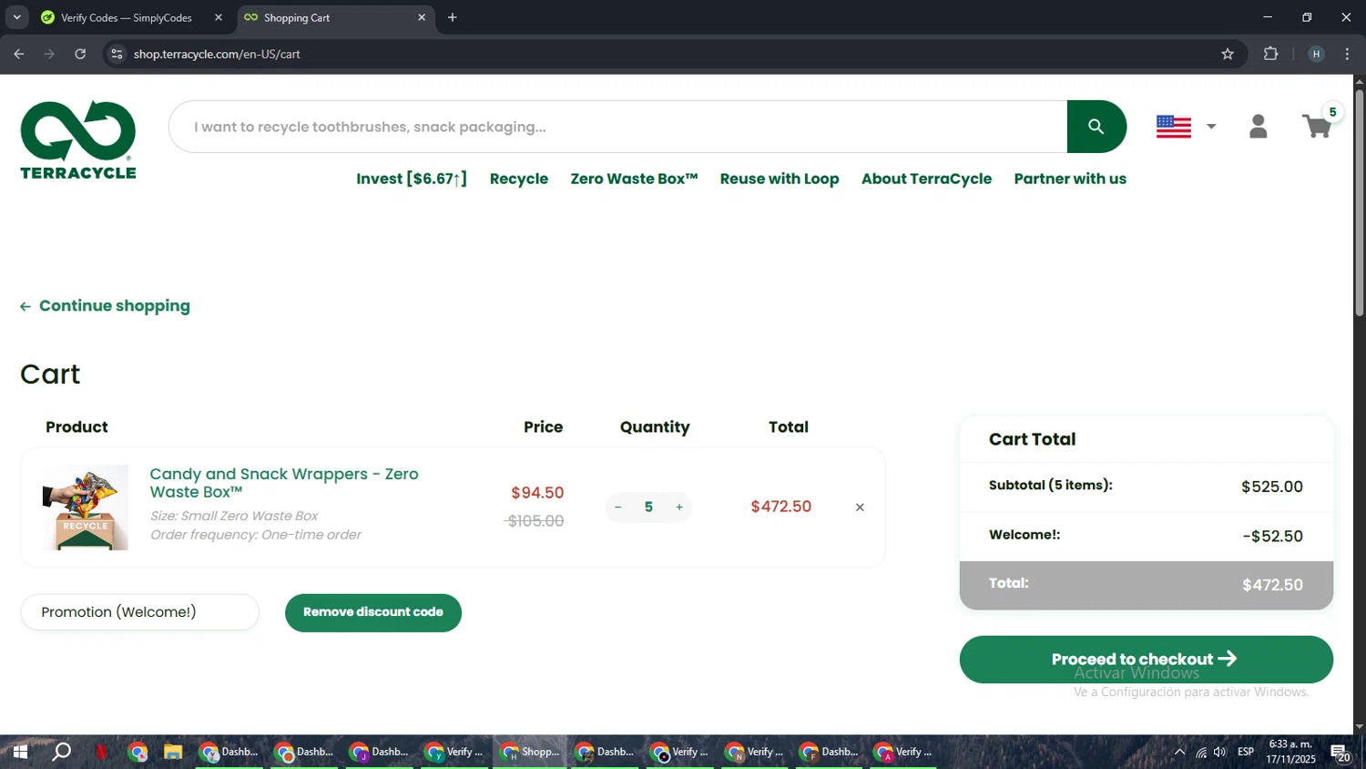 TerraCycle discount code screenshot showing code MOBILE10 applied at TerraCycle checkout page. Uploaded by SimplyCodes community member YAMAHA on Nov 17, 2025