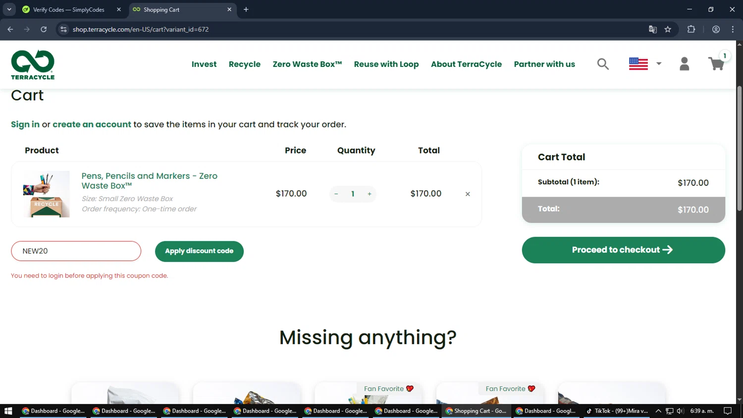 TerraCycle discount code screenshot showing code NEW20 applied at TerraCycle checkout page. Uploaded by SimplyCodes community member Cynoxx on Jan 2, 2026