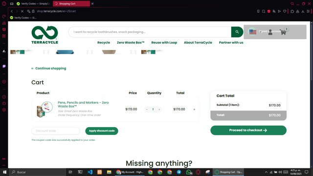 TerraCycle checkout page showing TerraCycle discount code box | Screenshot taken by SimplyCodes community member on Aug 10, 2025