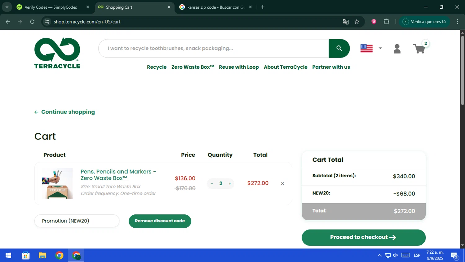 TerraCycle discount code screenshot showing code NEW20 applied at TerraCycle checkout page. Uploaded by SimplyCodes community member rodri1 on Sep 8, 2025