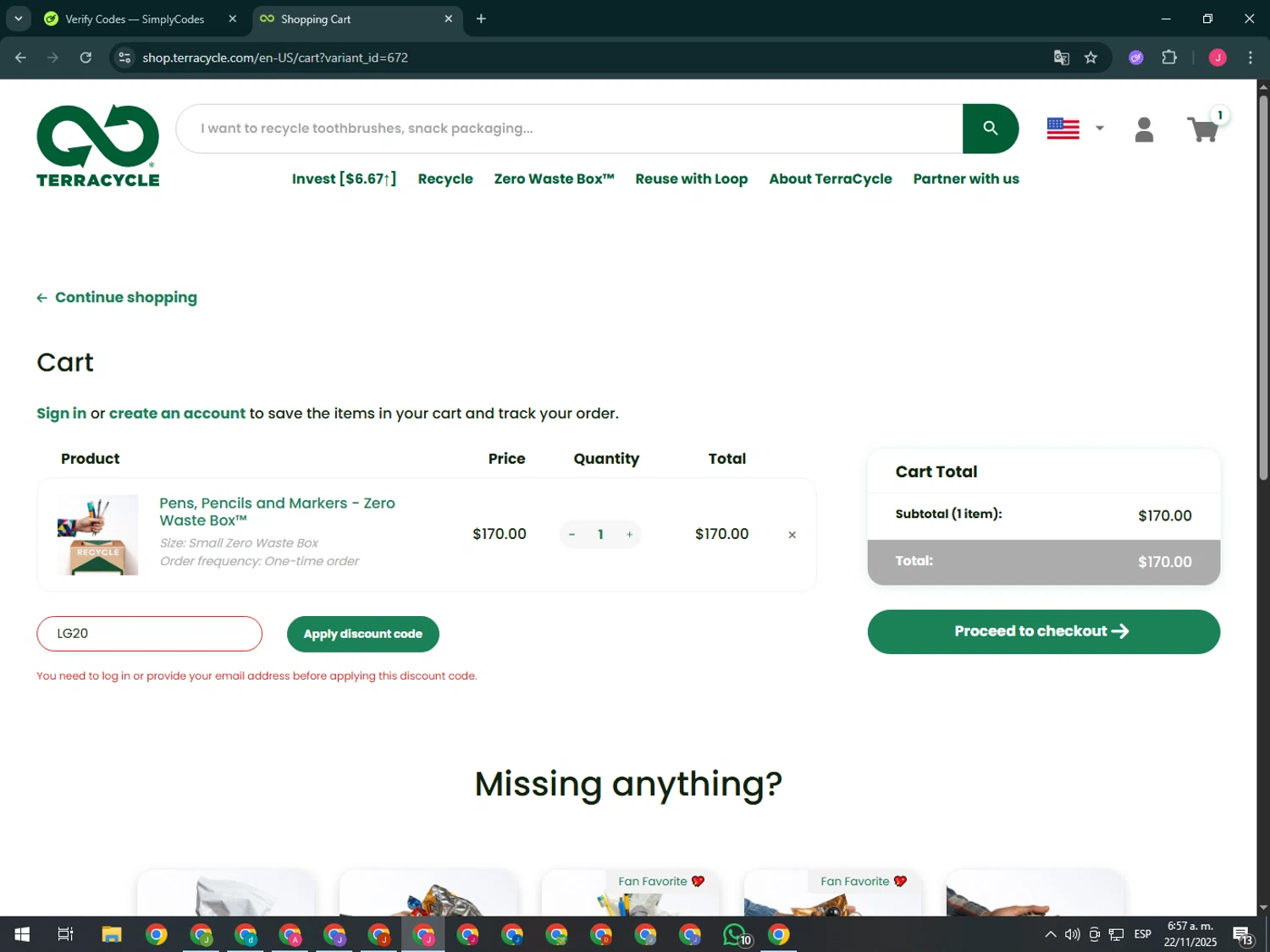 TerraCycle discount code screenshot showing code LG20 applied at TerraCycle checkout page. Uploaded by SimplyCodes community member CleverShopper2101 on Nov 22, 2025