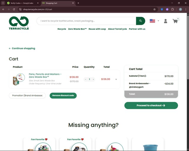 TerraCycle checkout page showing TerraCycle discount code box | Screenshot taken by SimplyCodes community member on Aug 10, 2025