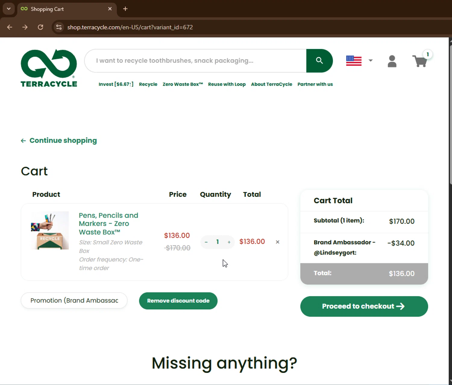 TerraCycle discount code screenshot showing code LG20 applied at TerraCycle checkout page. Uploaded by SimplyCodes community member number_1 on Oct 24, 2025