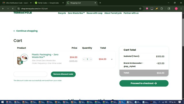 TerraCycle checkout page showing TerraCycle discount code box | Screenshot taken by SimplyCodes community member on Jul 29, 2025