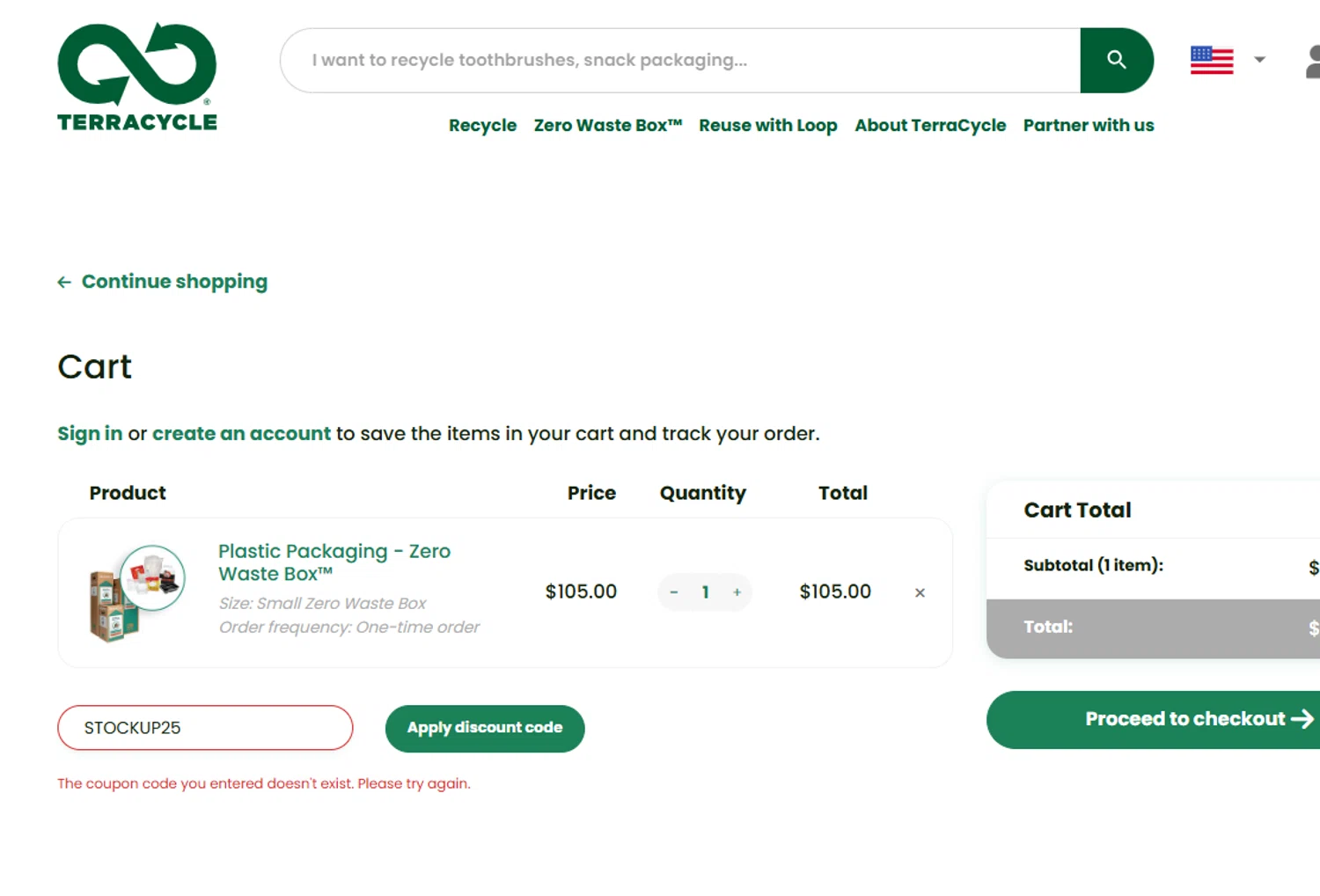TerraCycle discount code screenshot showing code STOCKUP25 applied at TerraCycle checkout page. Uploaded by SimplyCodes community member Volibear on Jul 29, 2025