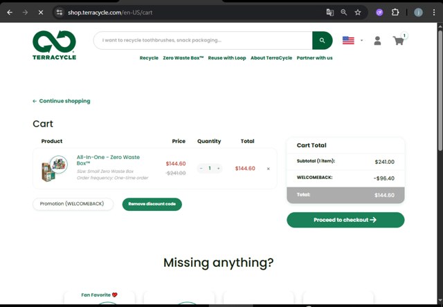 TerraCycle checkout page showing TerraCycle discount code box | Screenshot taken by SimplyCodes community member on Aug 6, 2025