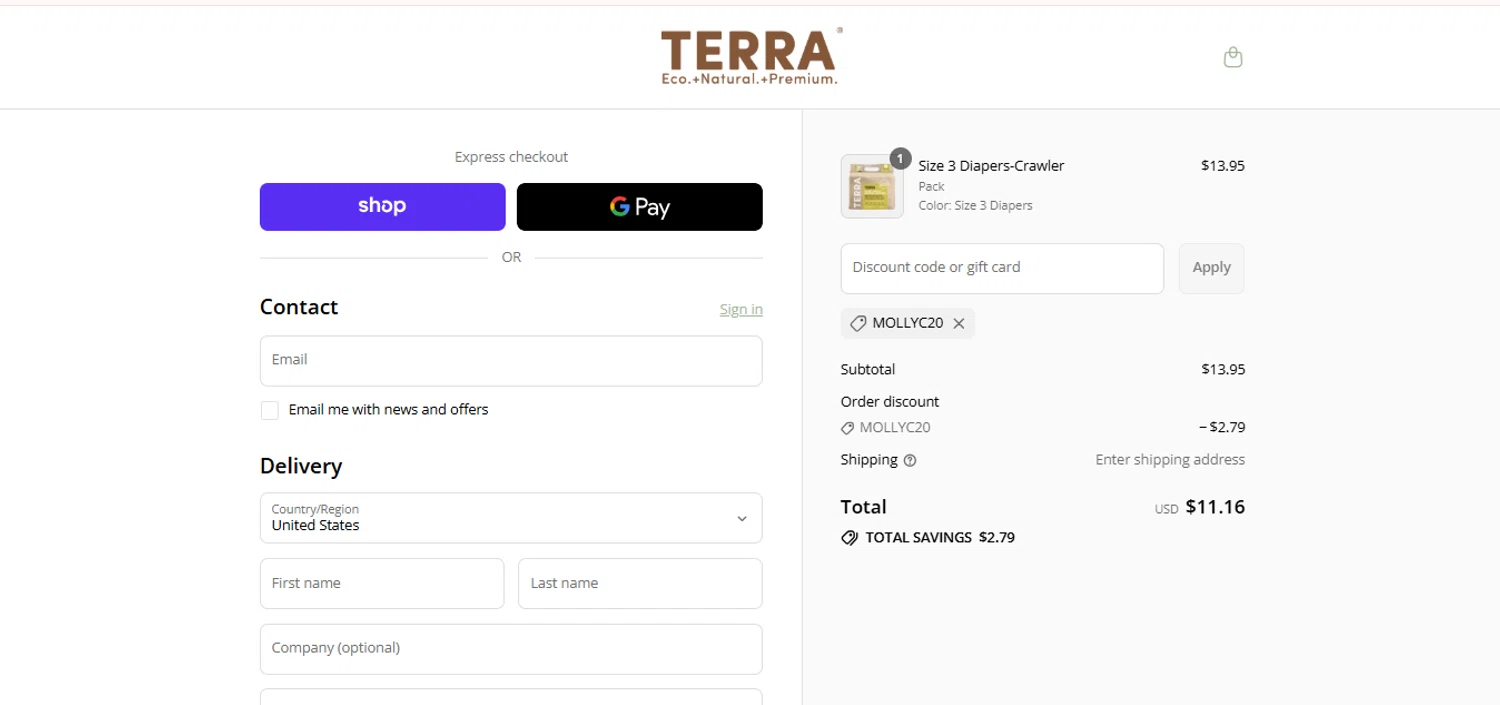 TERRA Gentle promo code screenshot showing code MOLLYC20 applied at TERRA Gentle checkout page. Uploaded by SimplyCodes community member ShieldTiger926 on Sep 17, 2025