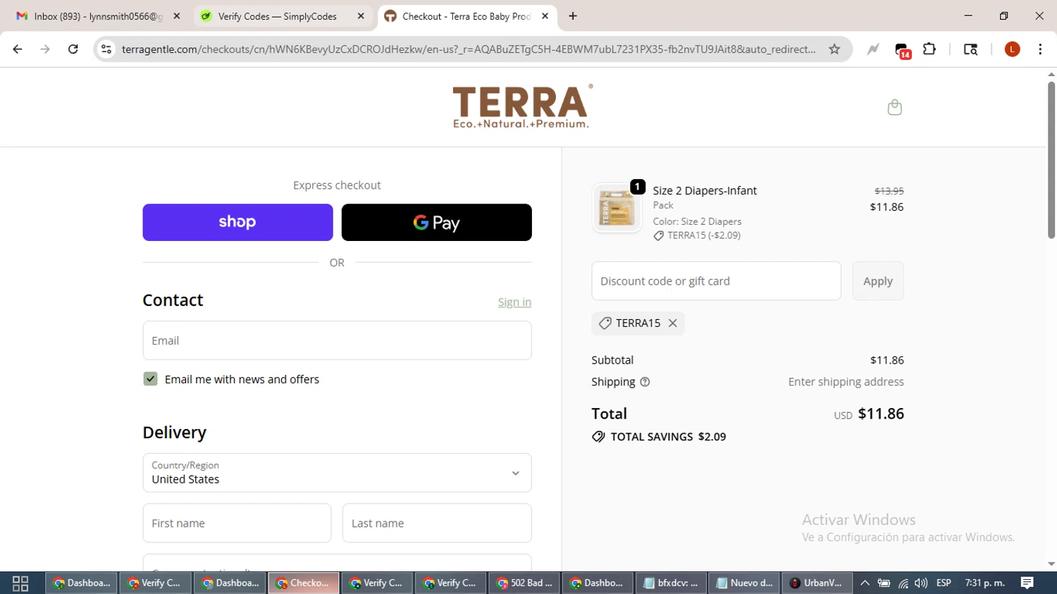 TERRA Gentle promo code screenshot showing code Terra15 applied at TERRA Gentle checkout page. Uploaded by SimplyCodes community member BonusHero9692 on Dec 11, 2025