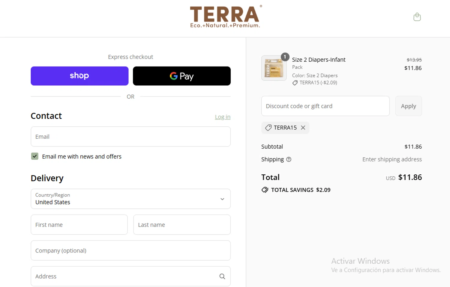TERRA Gentle promo code screenshot showing code Terra15 applied at TERRA Gentle checkout page. Uploaded by SimplyCodes community member Gary_23 on Sep 9, 2025