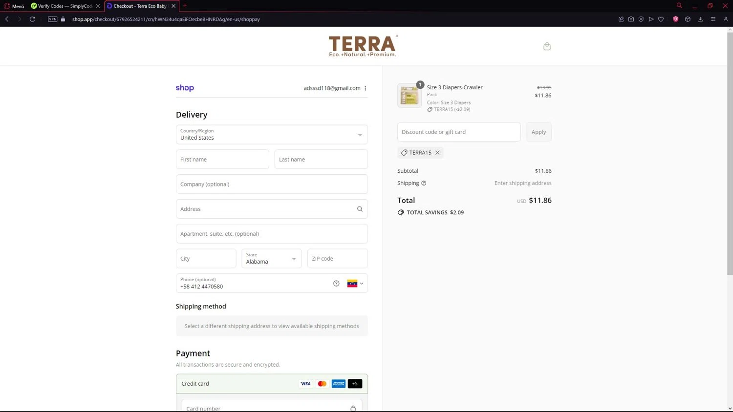 TERRA Gentle promo code screenshot showing code Terra15 applied at TERRA Gentle checkout page. Uploaded by SimplyCodes community member LegendarySeeker3956 on Sep 17, 2025