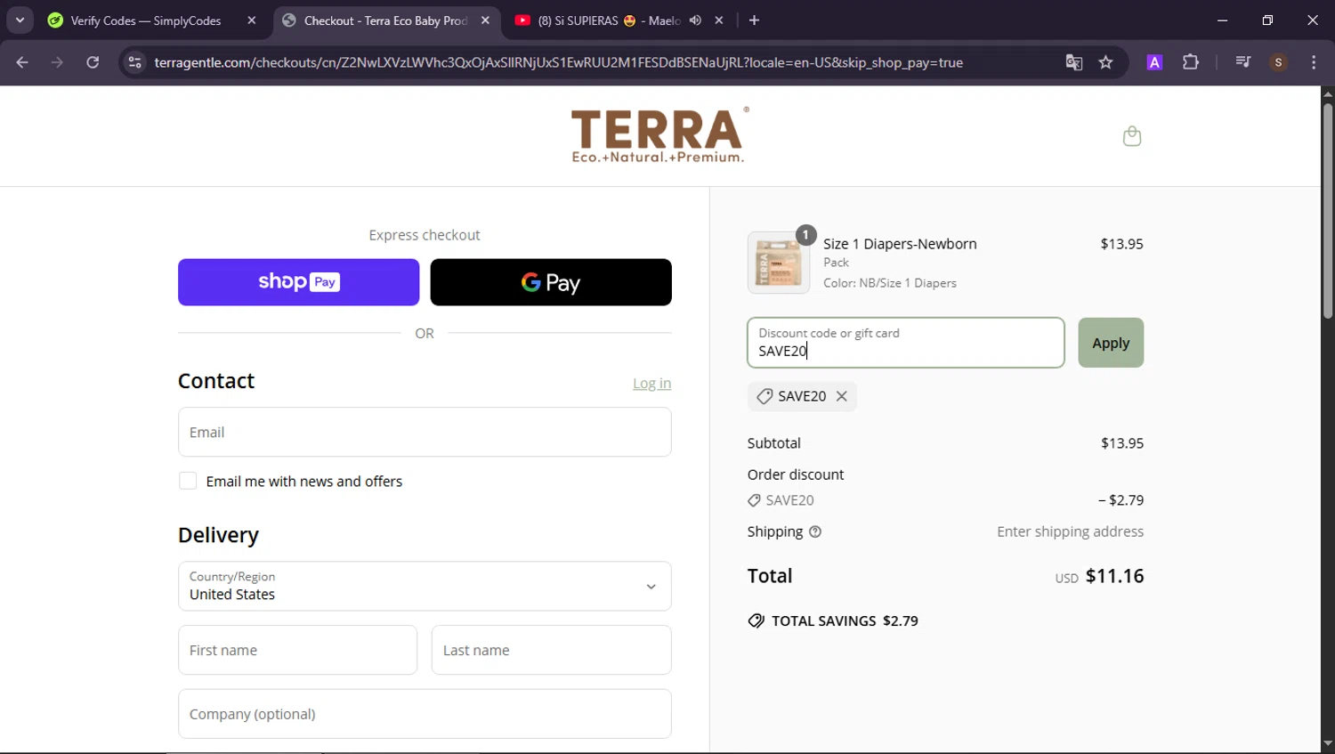 TERRA Gentle promo code screenshot showing code SAVE20 applied at TERRA Gentle checkout page. Uploaded by SimplyCodes community member ShieldAdmiral2781 on Jun 26, 2025