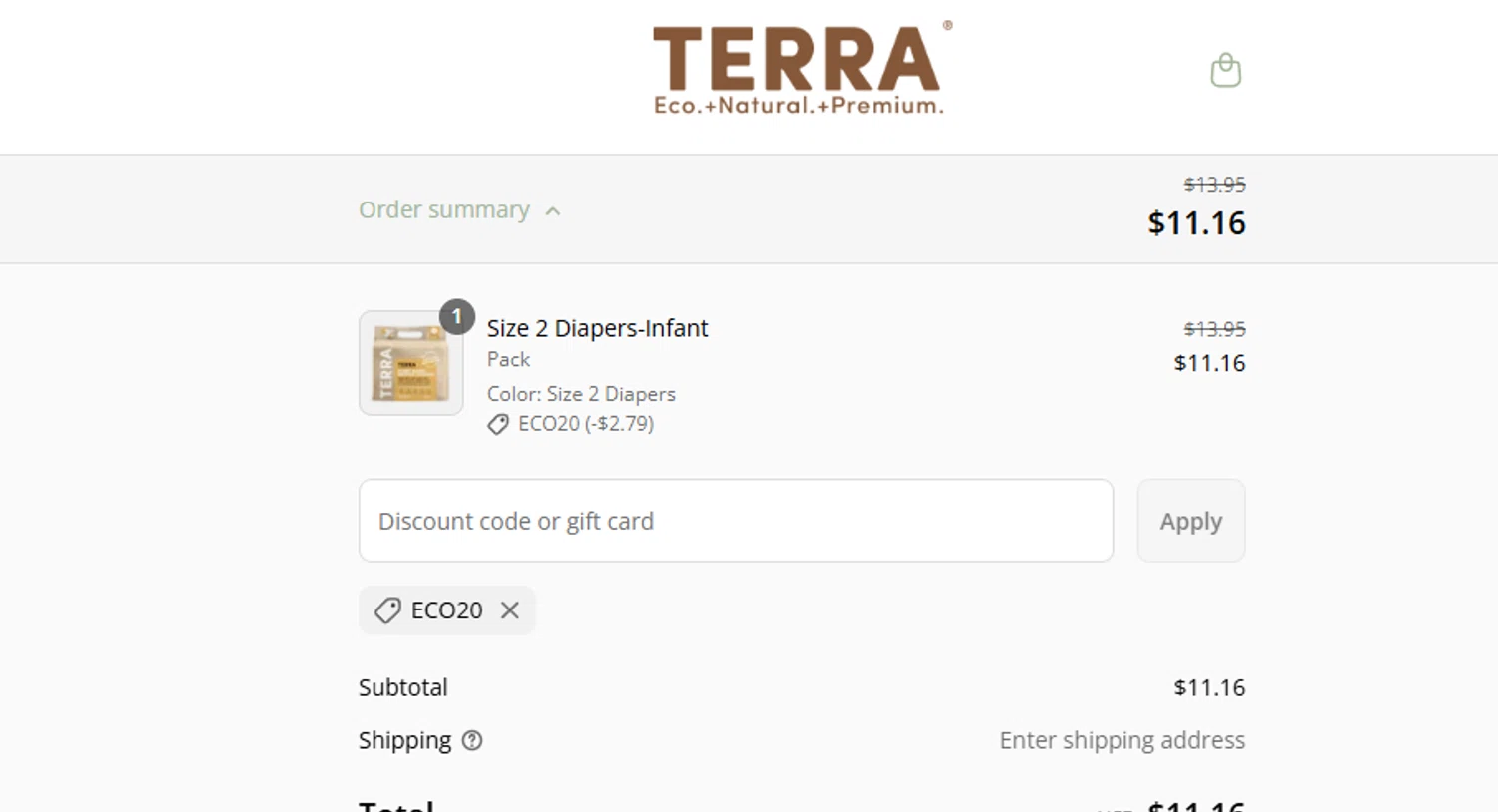 TERRA Gentle promo code screenshot showing code ECO20 applied at TERRA Gentle checkout page. Uploaded by SimplyCodes community member ashe1986 on Aug 4, 2025