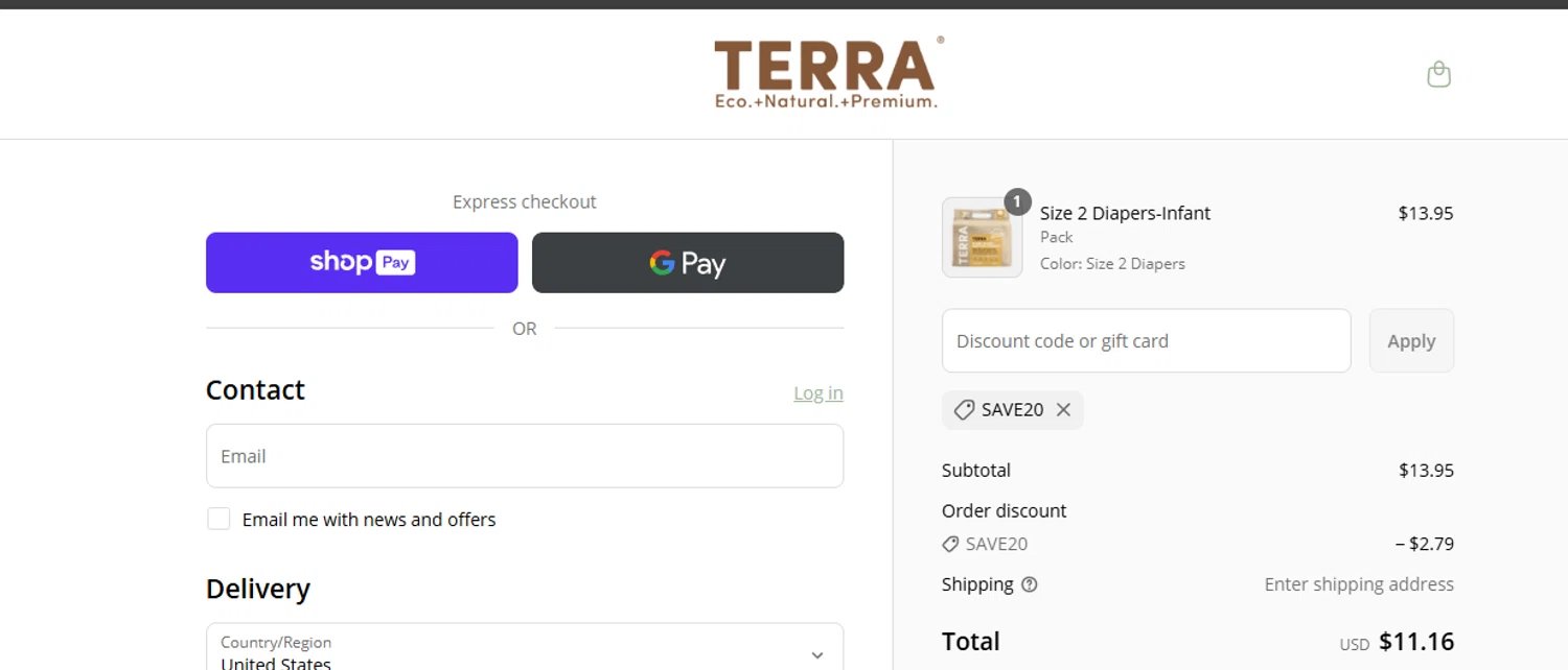 TERRA Gentle promo code screenshot showing code SAVE20 applied at TERRA Gentle checkout page. Uploaded by SimplyCodes community member ashe1986 on Jun 24, 2025