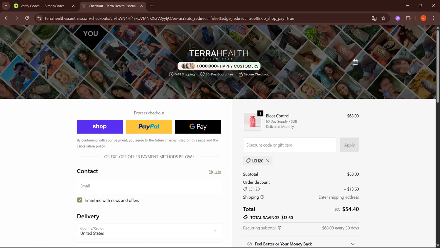 Terra Health Essentials discount code screenshot showing code LEH20 applied at Terra Health Essentials checkout page. Uploaded by SimplyCodes community member LegendaryPro3698 on Oct 19, 2025
