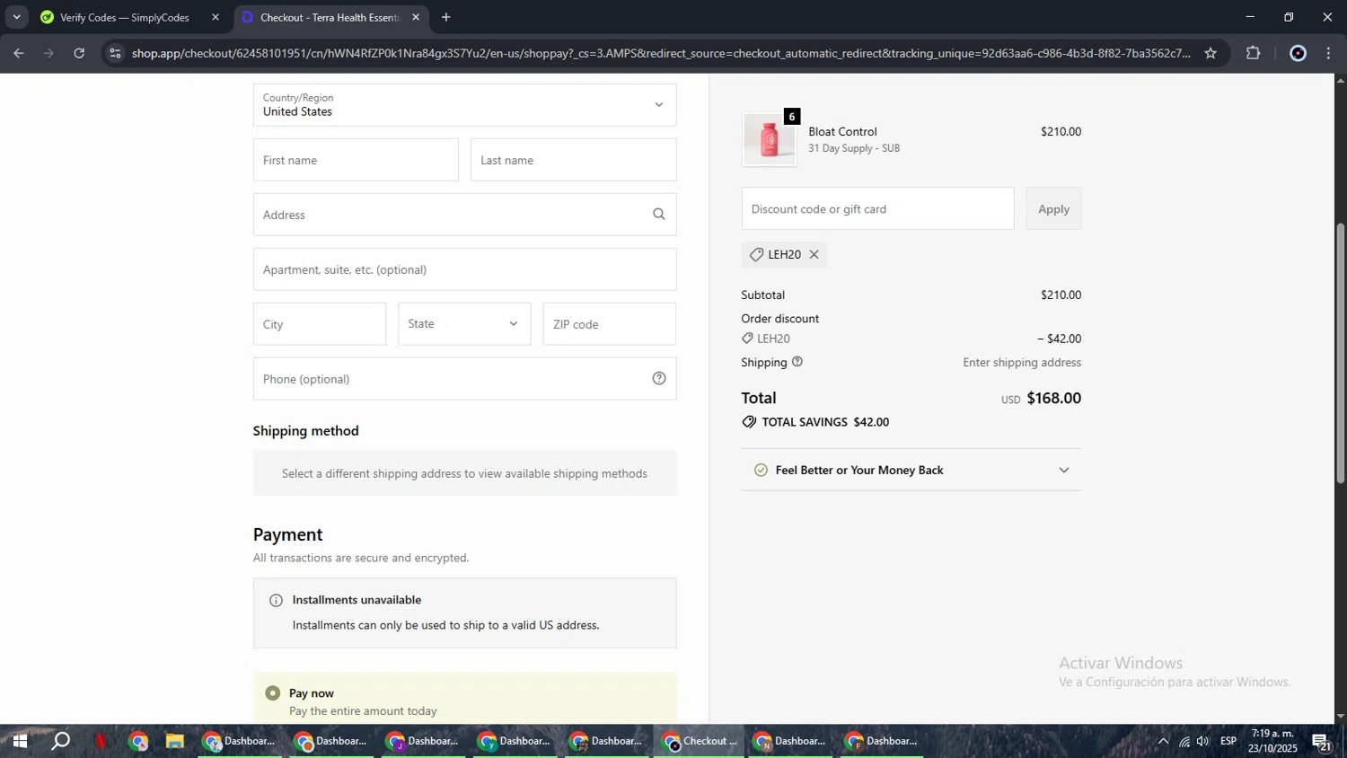 Terra Health Essentials discount code screenshot showing code LEH20 applied at Terra Health Essentials checkout page. Uploaded by SimplyCodes community member RoyalBoss4384 on Oct 23, 2025