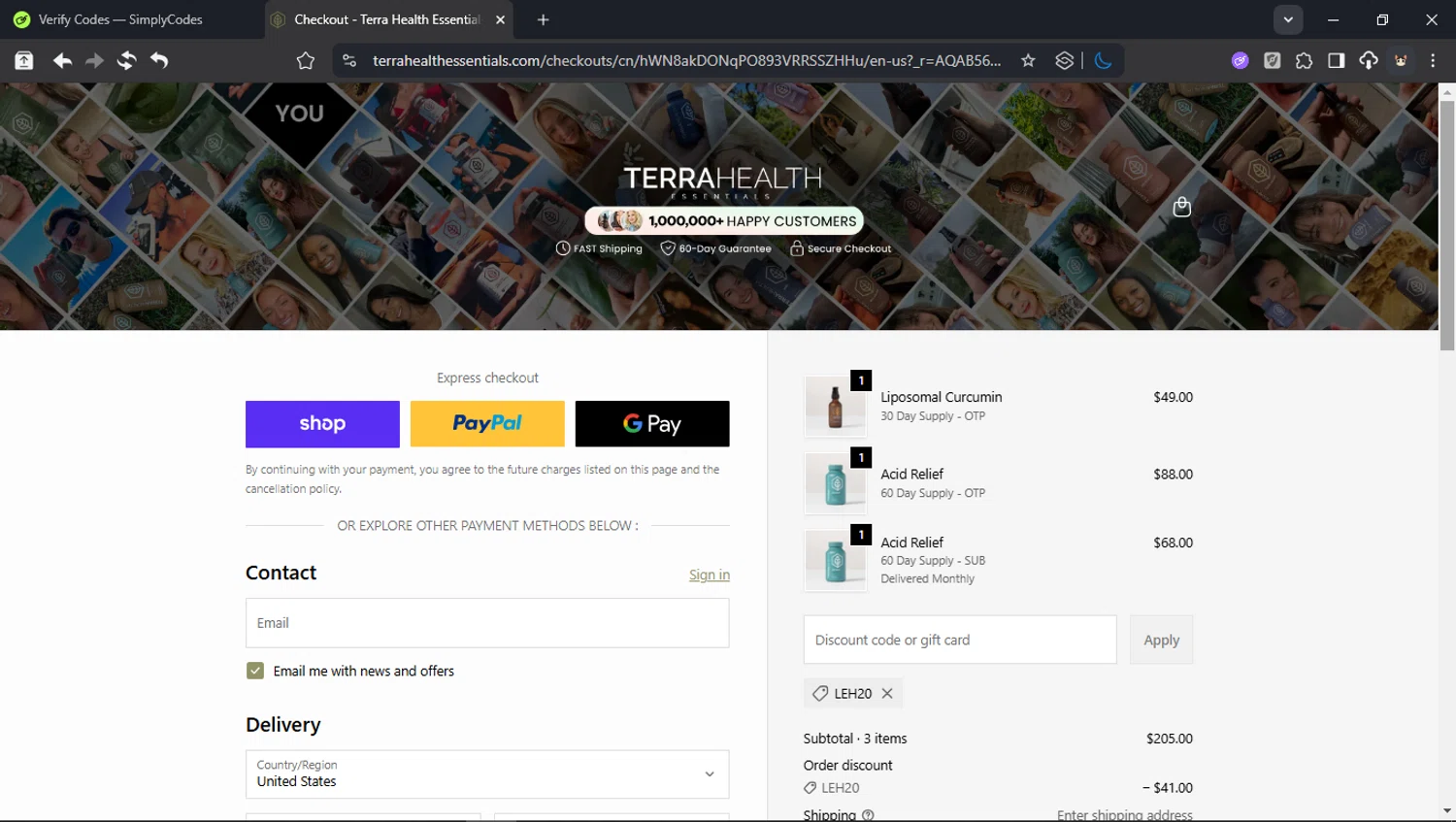 Terra Health Essentials checkout page showing Terra Health Essentials discount code box | Screenshot taken by SimplyCodes community member on Feb 9, 2026