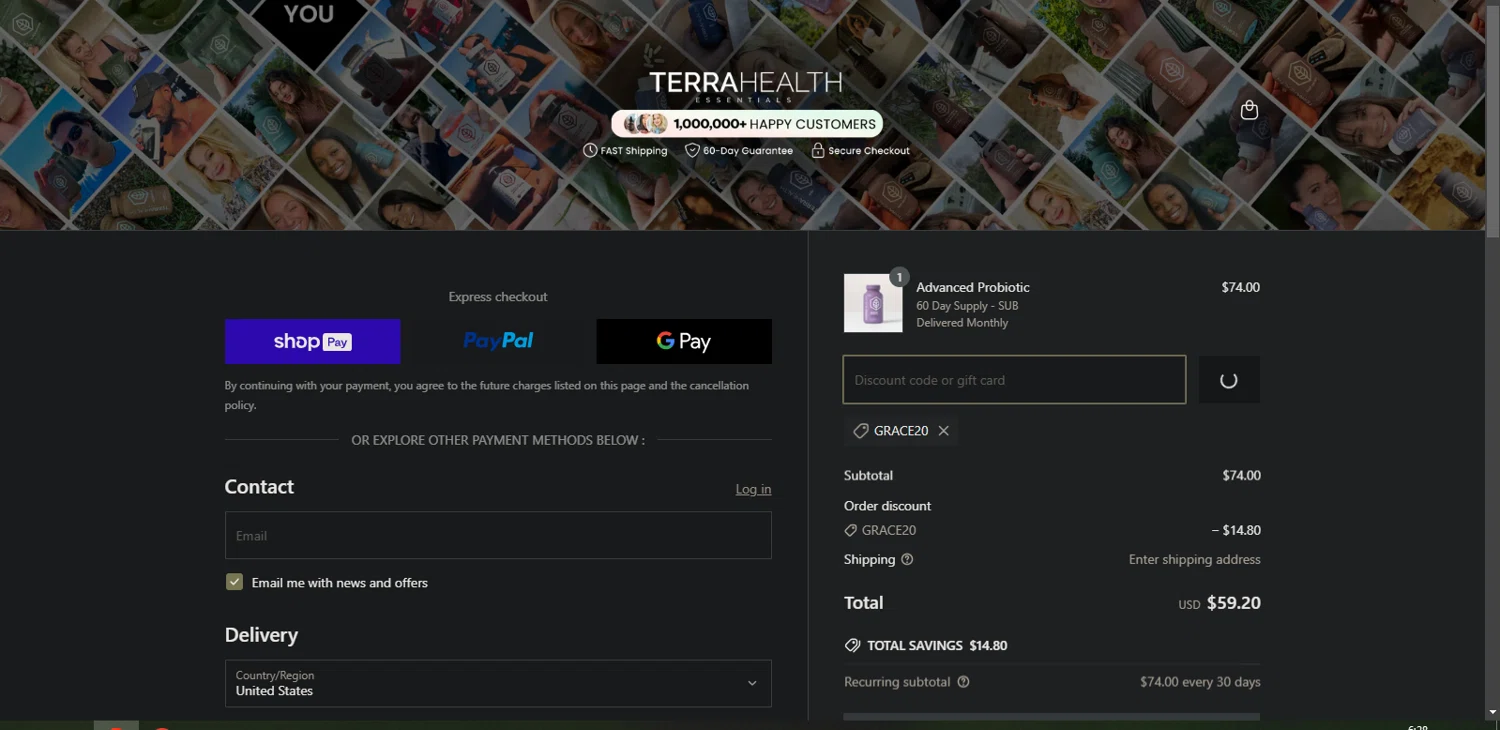 Terra Health Essentials discount code screenshot showing code GRACE20 applied at Terra Health Essentials checkout page. Uploaded by SimplyCodes community member Nor_man on Mar 31, 2025