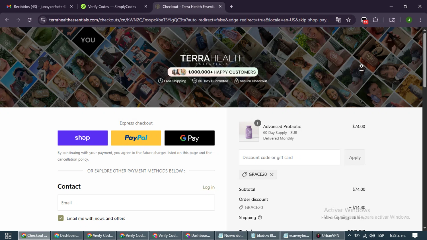 Terra Health Essentials discount code screenshot showing code GRACE20 applied at Terra Health Essentials checkout page. Uploaded by SimplyCodes community member SmartLion6646 on Aug 31, 2025