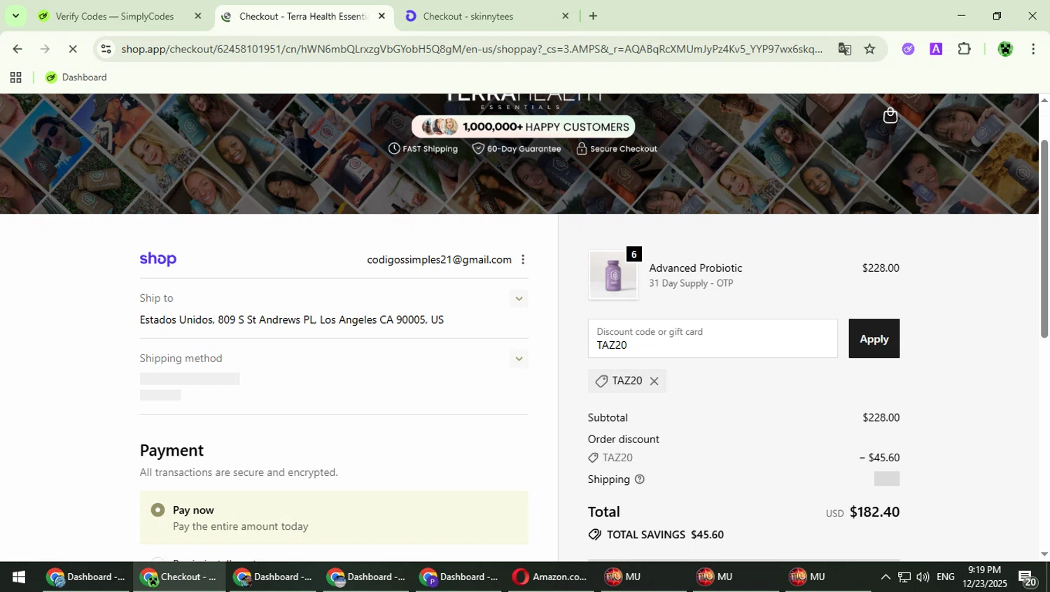 Terra Health Essentials discount code screenshot showing code TAZ20 applied at Terra Health Essentials checkout page. Uploaded by SimplyCodes community member MaitoGai on Dec 24, 2025